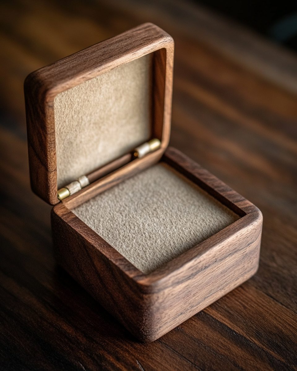 Small handmade walnut ring box with felt lining and brass hinge