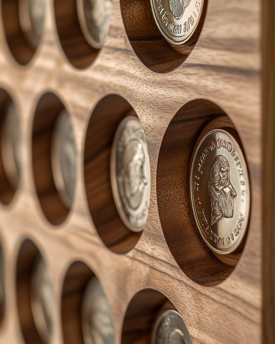 Close-up of challenge coins displayed on edge in a custom wood coin case