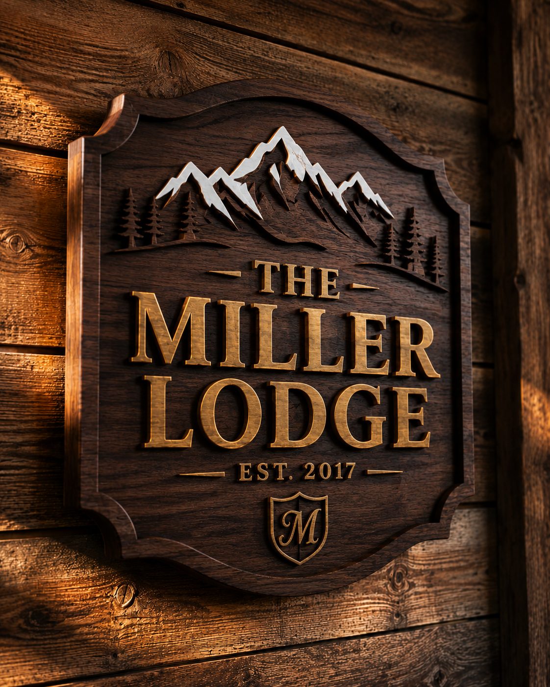 Carved wood mountain lodge sign reading The Miller Lodge, Est. 2017, mounted on a cabin wall